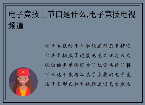 电子竞技上节目是什么,电子竞技电视频道